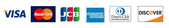 クレジット会社のロゴマーク：VISA、MasterCard、JCB、アメリカンエキスプレス、ダイナースクラブ、ディスカバー