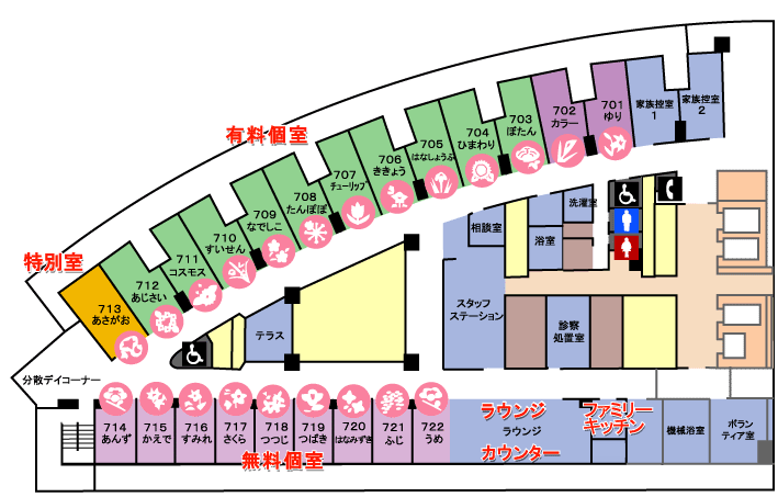 緩和ケア病棟のフロアマップ