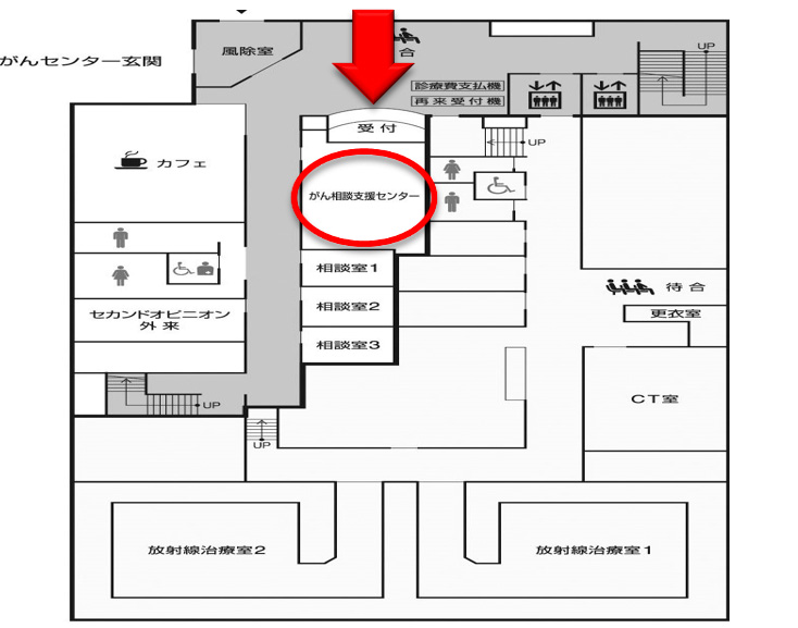 がんセンター1階受付はがんセンター玄関から入って右手です